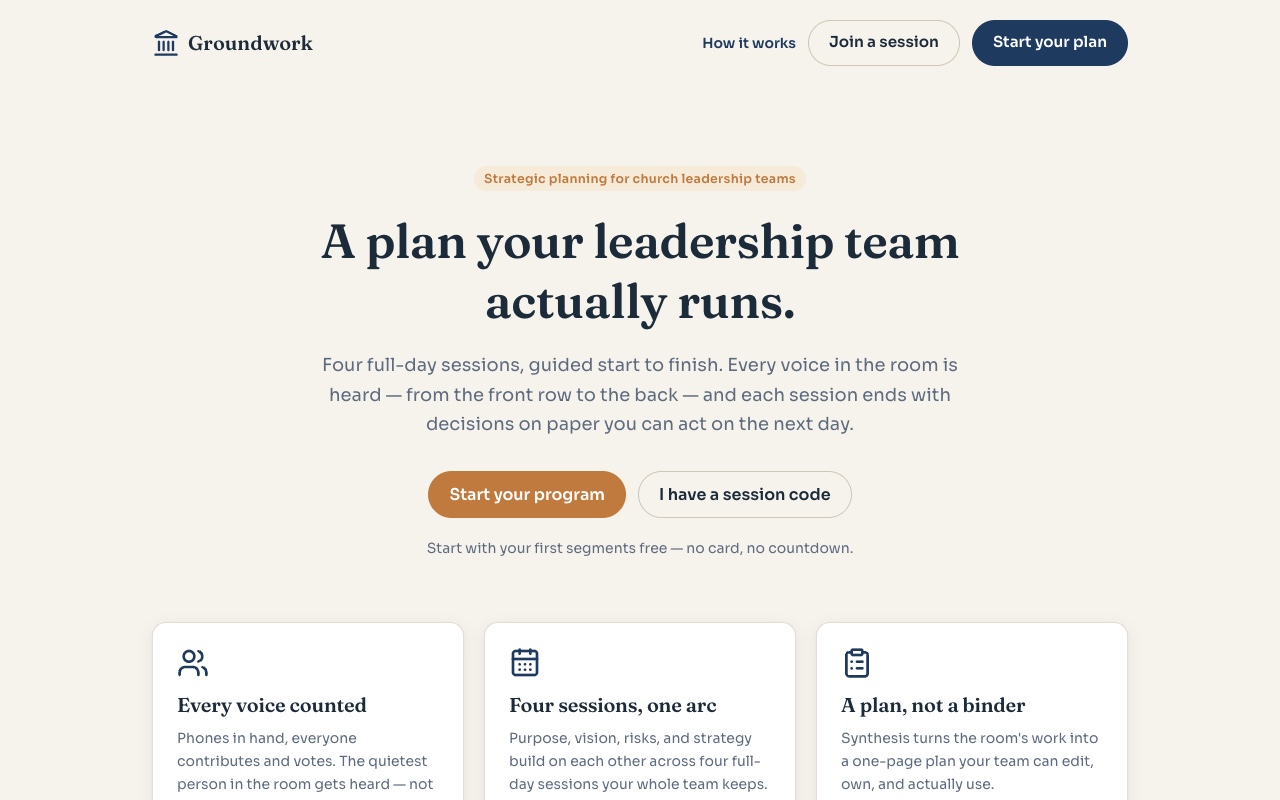 The Groundwork home page, showing the session flow and its three promises